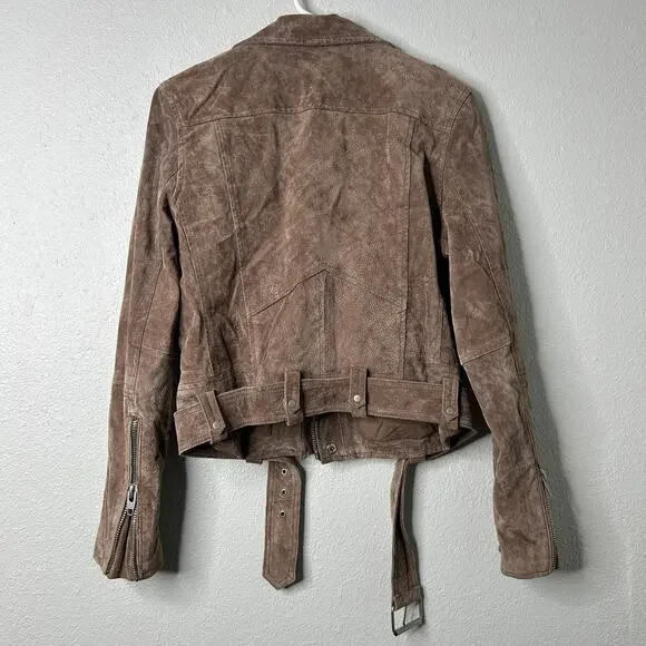 Blank NYC French Taupe Cropped Suede Moto Jacket Size M Belted Leather - Picture 9 of 10